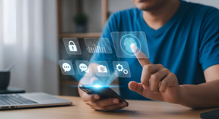 Man using fingerprint scan on smartphone, biometric identification and data privacy concept