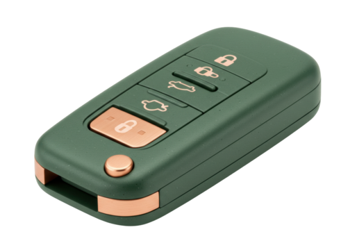 Isolated car key fob with green casing and copper trim for vehicle access, secure unlock