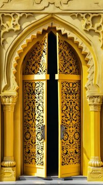 A bright yellow door with intricate designs and patterns