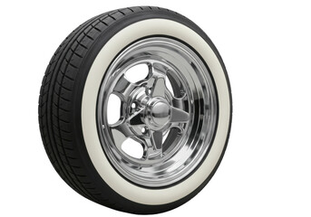 Isolated car wheel with whitewall tire and chrome rim casting a shadow on a neutral area