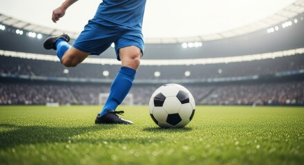 Obraz premium Soccer Player Kicking Ball on Stadium Field