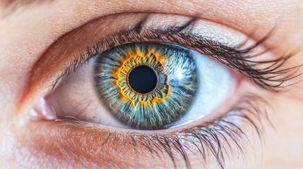 Fototapeta premium Pupil constriction capture artistic closeup eye constricted pupil intricate blue golden iris variations eyelash detail moisture patterns professional photography