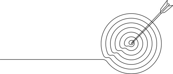 continuous line drawing of arrow in bullseye center of target, line art vector illustration
