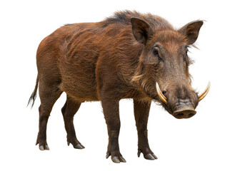 Isolated Warthog looking at camera, African animal portrait, reddish-brown boar with ivory tusks