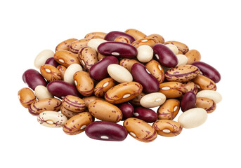 Isolated heap of colorful speckled pinto beans, kidney beans, and white cannellini beans