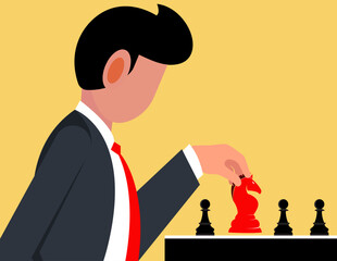 Business strategy. Confident businessman playing a chess