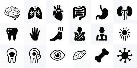 Naklejka premium Minimalist black and white medical vector icons, 18 silhouettes in 2-row grid, precise anatomy brain, heart, lungs, stomach, liver, kidneys, eye, ear, hand, foot, virus, professional, clean, modern.