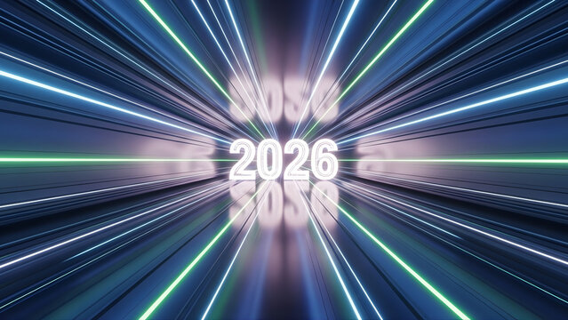 Dynamic digital tunnel with glowing neon light trails leading to the year 2026, symbolizing future innovation and technological advancement and progress - Powered by Adobe