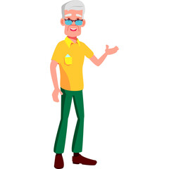 Elderly Caucasian Man Standing with One Hand Raised in a Welcoming Gesture Wearing a Yellow Polo Shirt and Green Pants With Blue Eyeglasses and Gray Hair