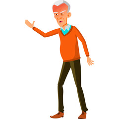 Elderly Asian Man Gesturing Angrily Showing Frustration with Red Face and White Hair Wearing Orange Sweater and Brown Pants on White Background Detailed Flat Illustration