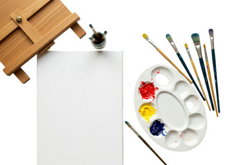 Isolated art easel with blank canvas, paintbrushes, and palette of colors for fine art