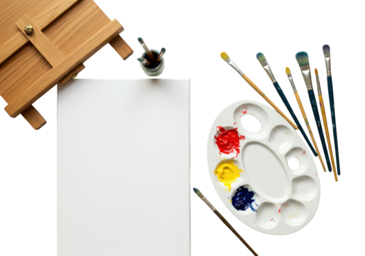 Isolated art easel with blank canvas, paintbrushes, and palette of colors for fine art - Powered by Adobe