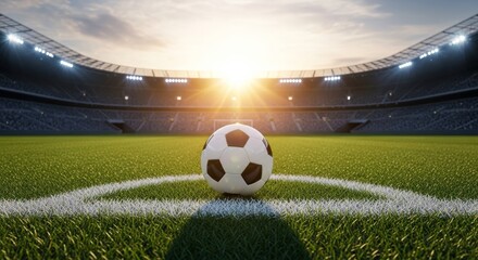 Naklejka premium Soccer Ball on Corner Mark in Stadium at Sunrise/Sunset