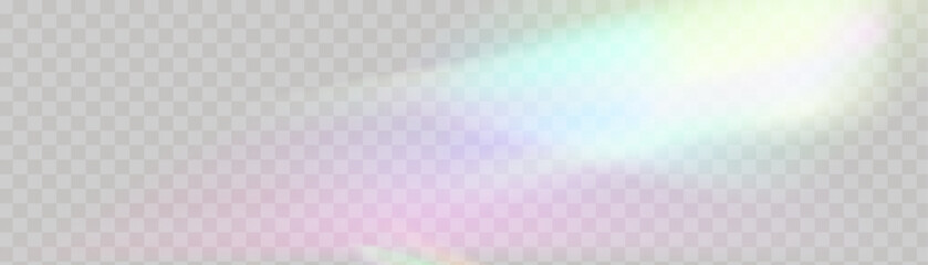 Crystal glass prism with holographic reflections and rainbow flare on light transparent background.