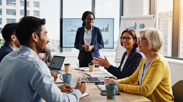 Diverse Team in Business Meeting - A diverse group of business professionals gather around a table in a modern office space for a meeting.