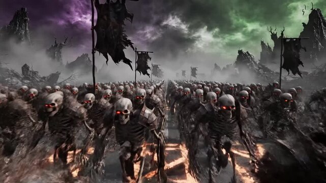 Undead Army Horde - A low-angle shot shows a massive undead army advancing, with red glowing eyes and tattered banners held aloft. The environment is dark and foreboding with a stormy sky.