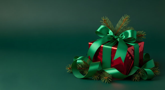 Luxurious red gift box tied with a wide emerald green ribbon and pine branches on a deep emerald green background. Concept for elegant Christmas celebration and holiday gifting with copy space