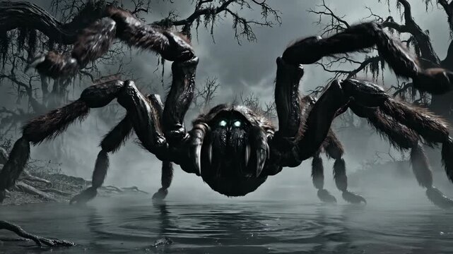 Giant Spider Emerging from Water - A colossal, dark, hairy spider rises from a dark and misty body of water in a swampy environment.