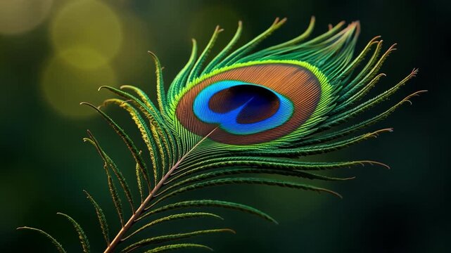 Krishna Janmashtami's grace: Close-up of a vibrant peacock feather in 4K video, perfect for cultural celebrations and religious designs