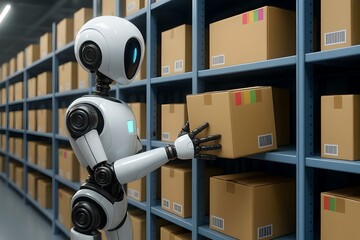 Robot assistant moves between racks with boxes in the warehouse, performing inventory