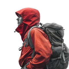 Man hiking with red rain gear