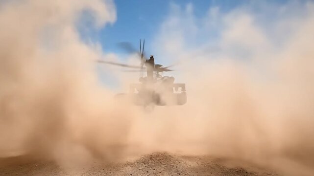 Helicopter Dust Storm Landing - A military helicopter kicks up a massive cloud of dust as it lands in a desert environment. The sky above is clear blue.