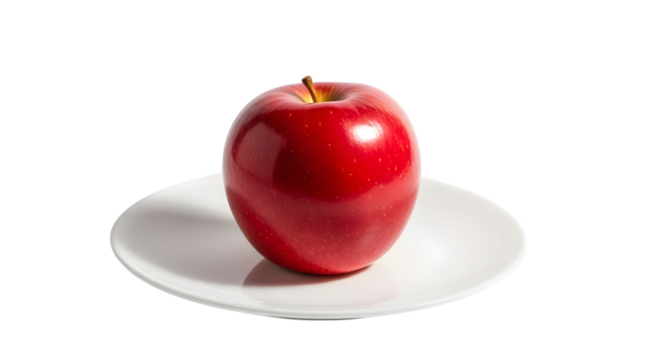 Red apple on a white plate isolated on transparent background