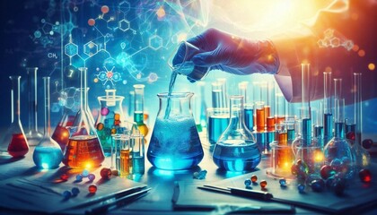 A gloved hand pours liquid into a flask among colorful chemicals and lab equipment