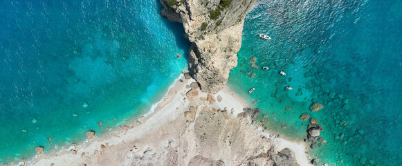 Aerial drone ultra wide panoramic photo of scenic small islet of Mizithres in Keri area forming...