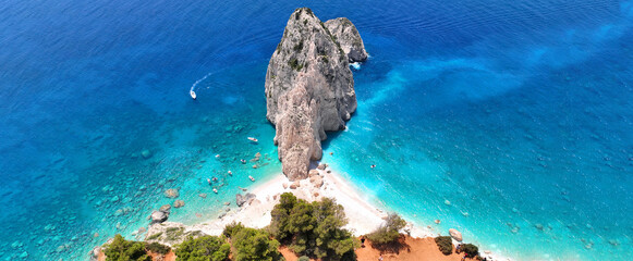 Aerial drone ultra wide panoramic photo of scenic small islet of Mizithres in Keri area forming...