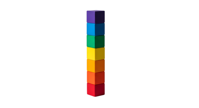 Stack of colorful building blocks forming a tower, isolated on transparent background