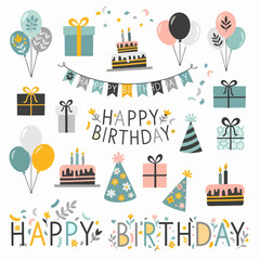 Cartoon vector illustration set of birthday party icons and elements featuring a seamless pattern with cake, gift, balloon, and candle for a fun children celebration design