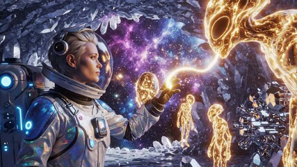 First Contact in an Alien Cave - An astronaut in a spacesuit makes contact with golden, glowing alien figures inside a cave with a backdrop of swirling galaxies. - Powered by Adobe