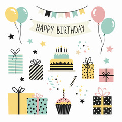 Vector illustration of a happy birthday party set featuring a greeting card with gift boxes, a sweet cake with candles, and colorful balloons for a fun celebration holiday design
