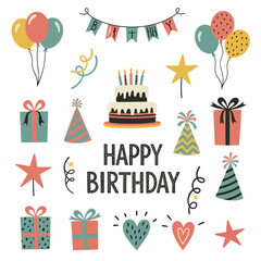 Cartoon vector illustration set of birthday party elements featuring a celebration cake, gift boxes, colorful balloons, and festive candles for holiday card design patterns