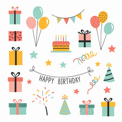Vector illustration of a cute seamless pattern featuring a set of Christmas gifts and birthday celebration elements with happy party boxes, balloons, and xmas ribbons for holiday greeting card design