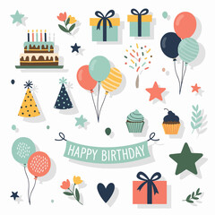 A colorful birthday party set featuring a vector illustration of a celebration cake, festive balloons, gift icons, and cartoon party hats for a fun holiday design
