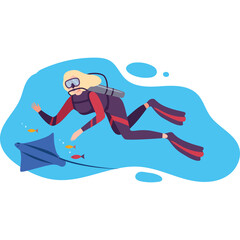 Woman Scuba Diver Underwater Exploration With Stingray And Small Fish In Blue Water And Transparent Background