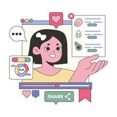 Woman Sharing Content Online With Social Media Icons And Food Nutrition Information Displayed On Screen