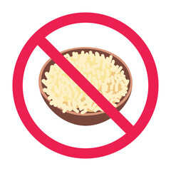 No rice sign, forbidden sign with bowl of rice icon, stop eating rice, red crossed circle symbol, flat vector illustration