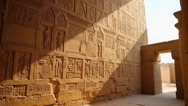 Ancient Egyptian Temple Wall Carvings Illuminated in 4K - Discover the Mysteries of Light and Shadow on Hieroglyphs, Perfect for Historical Projects