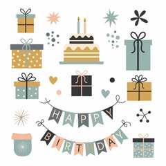 Whimsical Happy Birthday Illustration Set with Layered Cakes Colorful Balloons and Gift Boxes