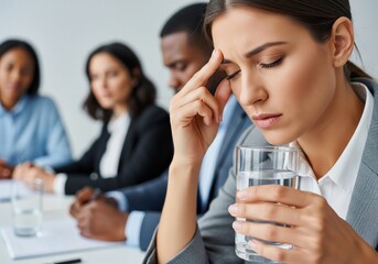 Hidden Stress at Work: Businesswoman Battling a Headache During Meeting, Reflecting Mental Pressure, Fatigue, and Silent Endurance.