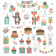 Whimsical Birthday Party Scene With Bear, Fox, Cakes, Balloons, and Gifts in Cheerful Colors