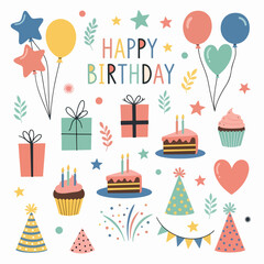 Birthday party celebration set with cake balloons gifts and decorations