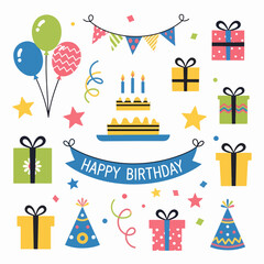 Birthday party celebration set with cake balloons gifts and decorations