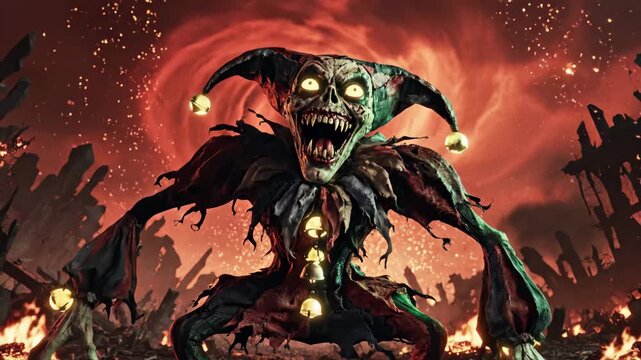 Sinister Jester Horror Character - An evil jester character with glowing eyes and sharp teeth is displayed in a dark and fiery setting.