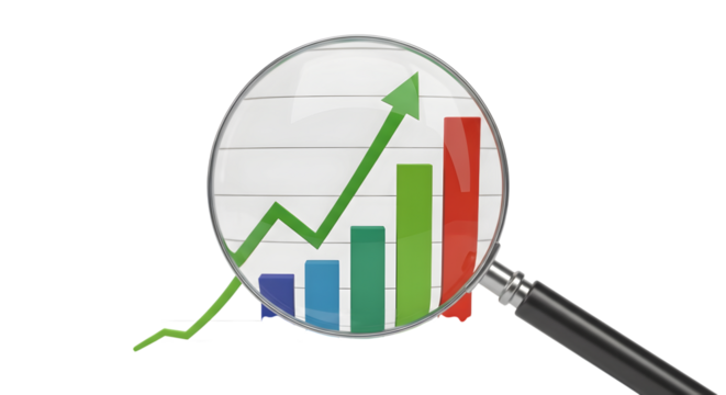 Magnifying glass over a bar graph with an upward trending green arrow, isolated on transparent background
