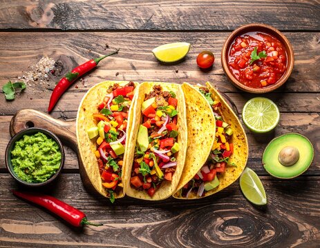Three tacos on a wooden board with various toppings and sauces