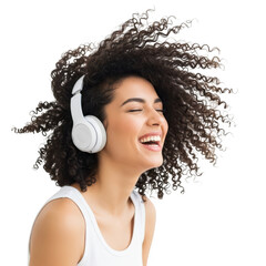 Woman with curly hair wearing white headphones laughing isolated on transparent background
